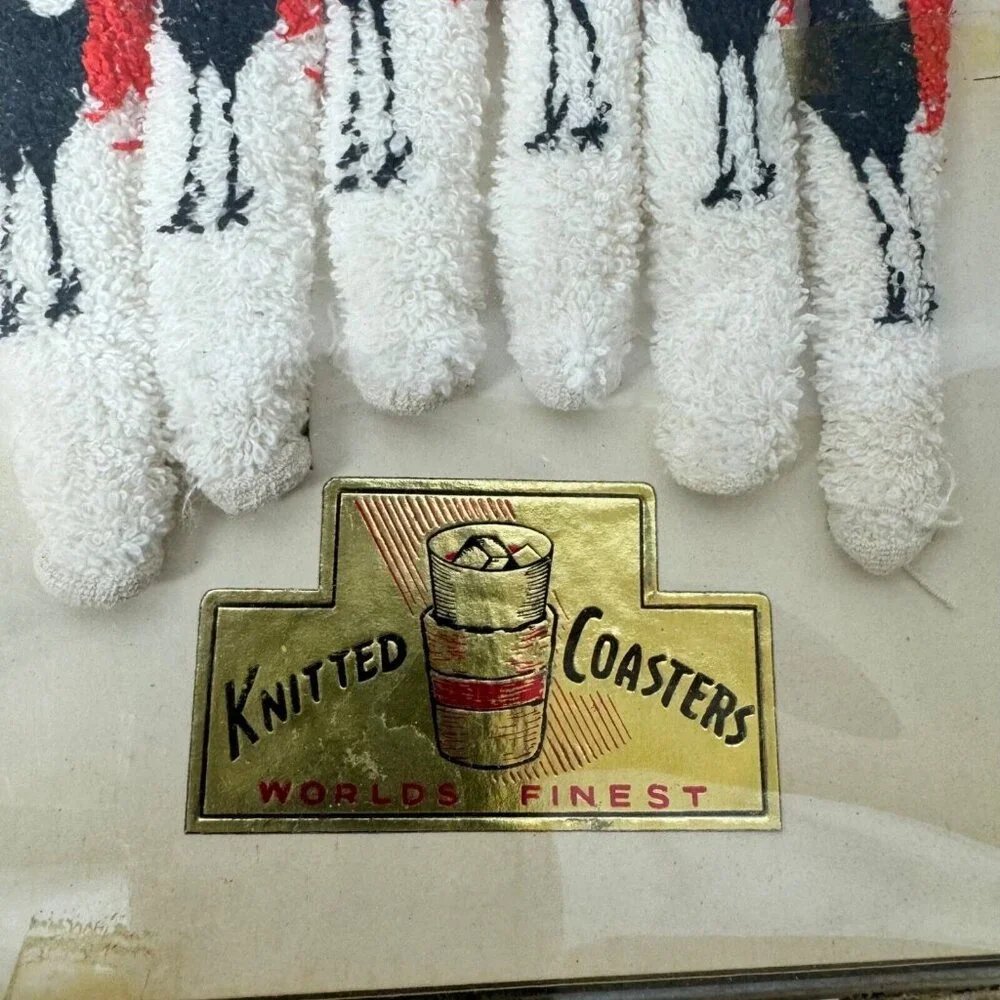 Vtg Knitted Coasters Rooster Motif Horse Swizzle‎ Sticks Midcentury Bar Kitschy